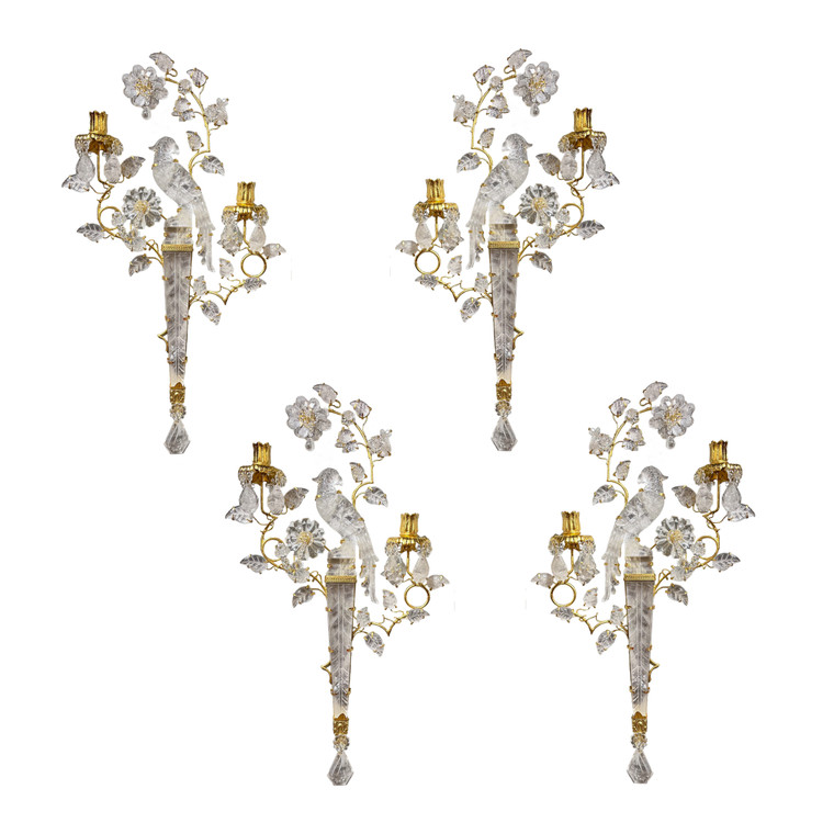 Set of Four Exquisite French Two-Light Rock Crystal Sconces after Bagues