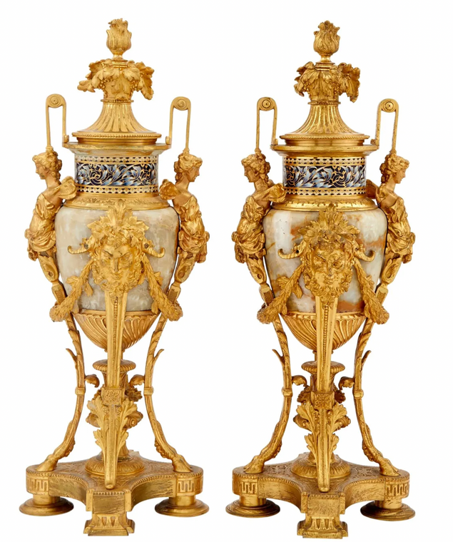Pair of Gilt-Bronze onyx and Cloisonné Enamel Covered Urns