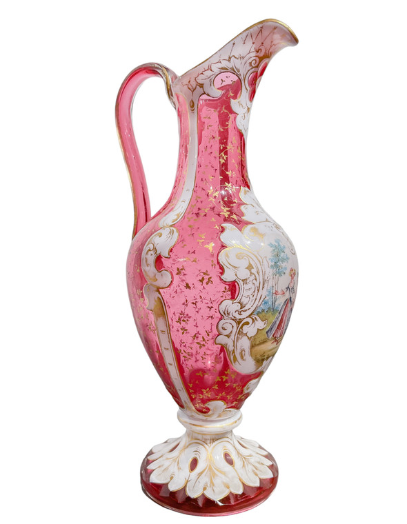  Bohemian Glass Pitcher with Jewel Painting and White Enamel 