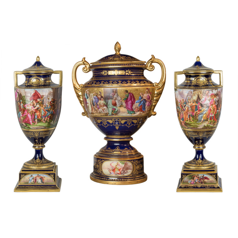 Set of Three Museum Quality Royal Vienna Porcelain Urns