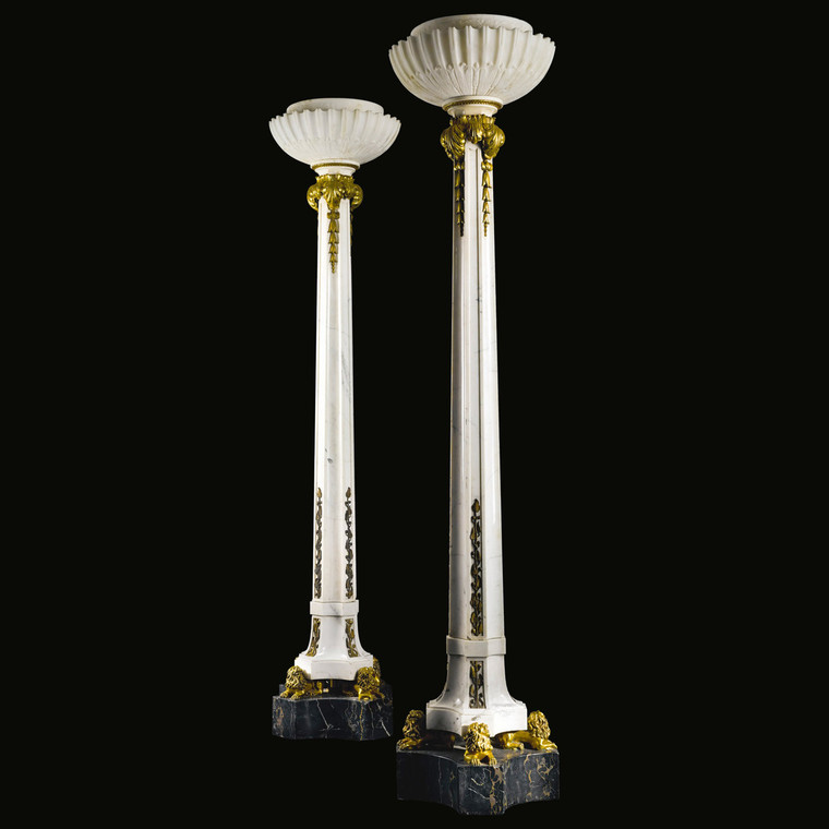 A monumental pair of gilt-bronze mounted marble and alabaster floor lamps by Sterling Bronze & Co. New York