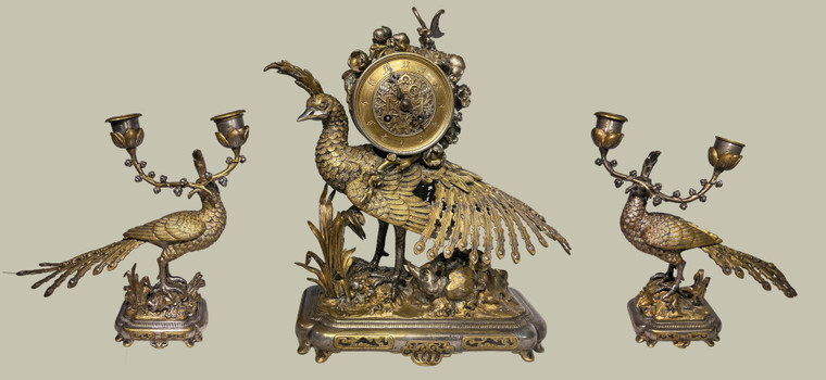 French Japonisme Gilt and Silvered Bronze Clock Garniture Set By E.F. Caldwell & Co.