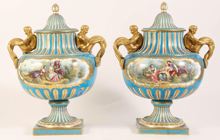 Pair of  Edme et Cie Sevres Style Hand Painted Covered Urns, 19th Century