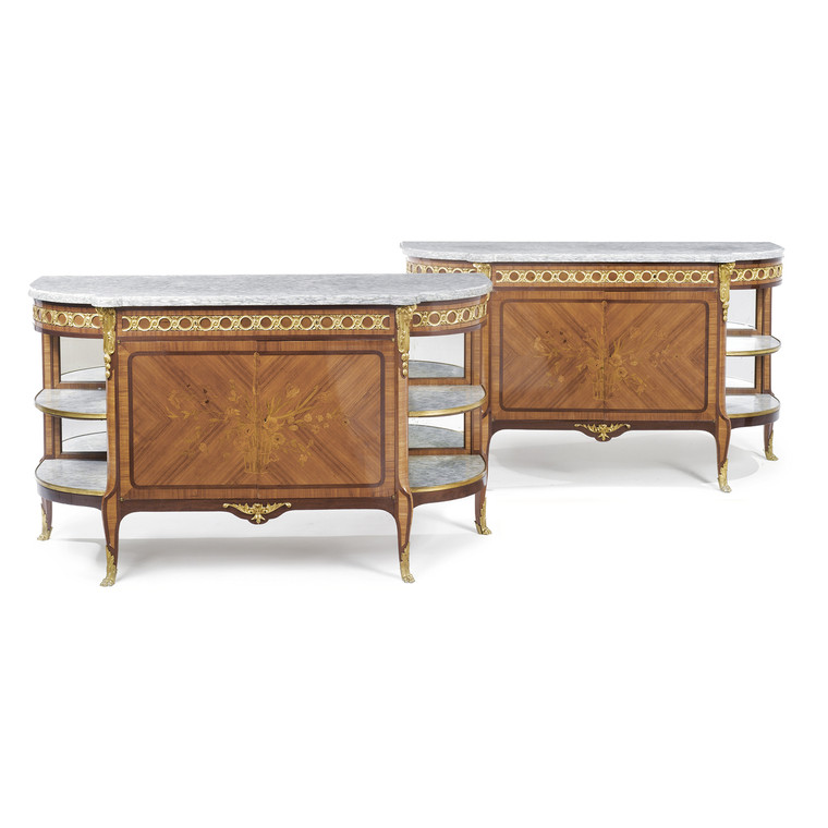 Pair of Louis XV/XVI Transitional Style Ormolu-Mounted Marquetry Consoles Dessertes