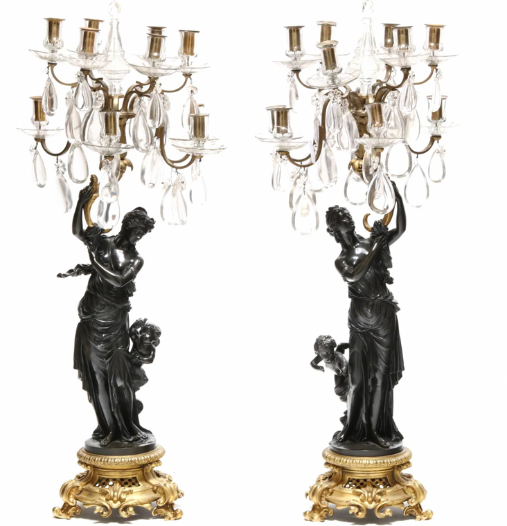 Impressive Pair of French Figural Bronze and Crystal Eleven Light Candelabras