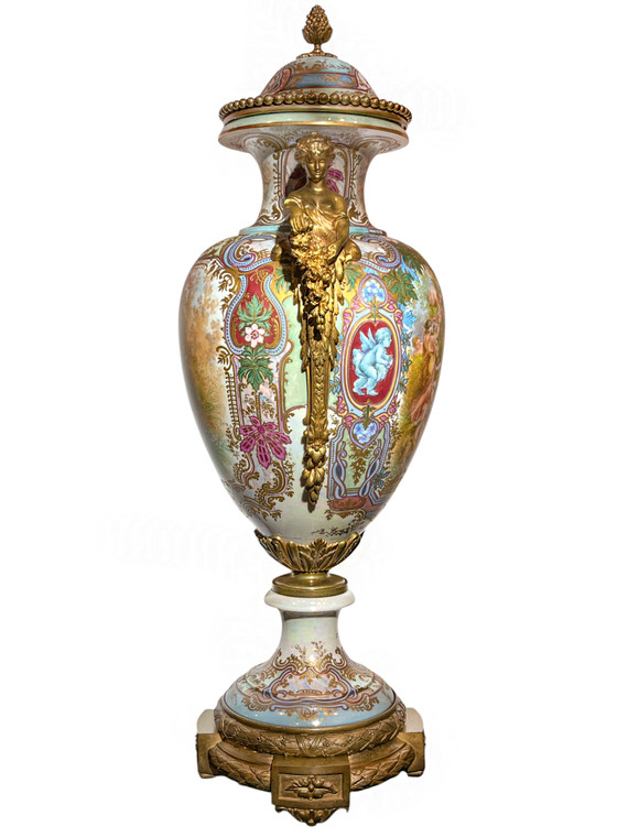 A Monumental Sèvres Art Nouveau Polychrome Porcelain and Gilt Bronze-Mounted Vase with Iridescent Glaze by Charles Fuchs