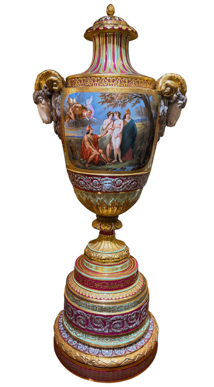 Royal Vienna Antique Porcelain Palace Urn with Raised Rams Heads