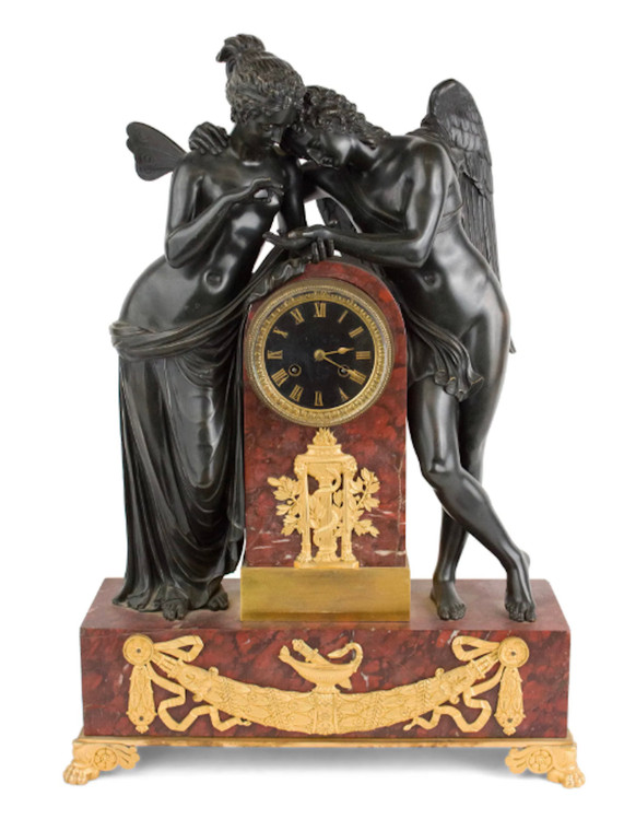 Patinated Bronze and Rouge Griotte Marble Mantel Clock