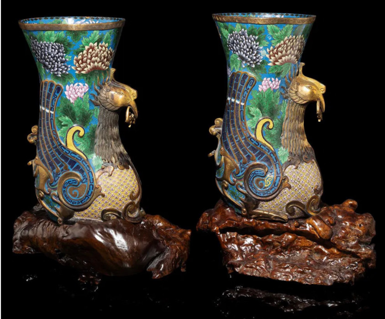A Pair of Chinese Cloisonné Enamel Phoenix Vases