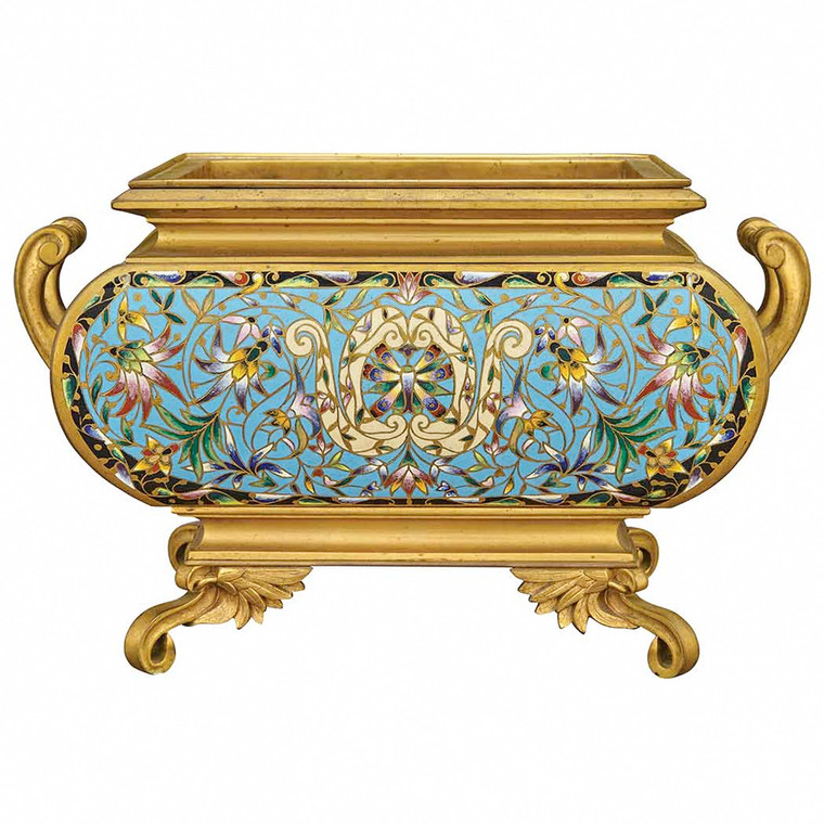 A very fine French Gilt-Bronze and Cloisonne Enamel bombe form Jardiniere with upright scrolled handles on scrolled feet