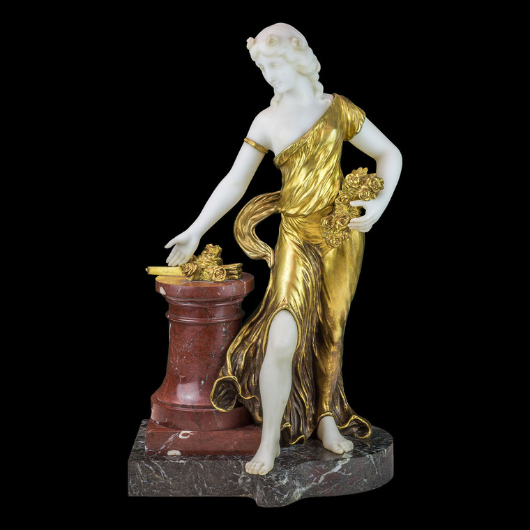 Exquisite Bronze and Marble Figure of a Woman with Flowers by H. Fugère