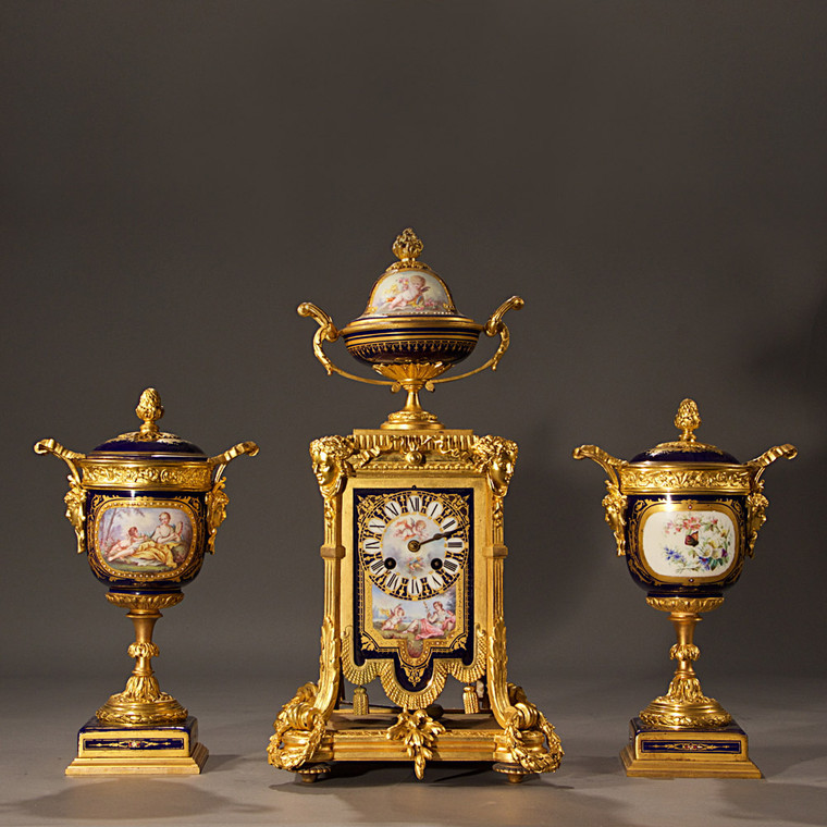 Louis XVI Style Gilt Bronze and Porcelain Clock Set Garniture