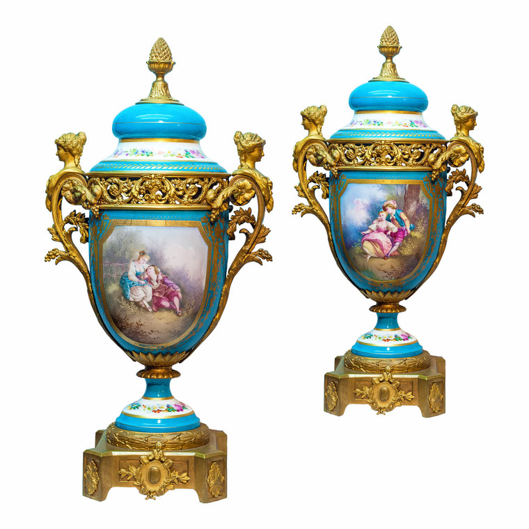 An Exquisite Pair of Sèvres Style Gilt Bronze Mounted Porcelain Vases
