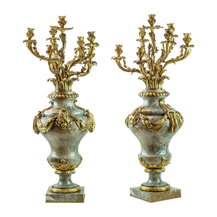 Pair of Gilt Bronze and Verde Antico Marble Seven-Light Candelabras