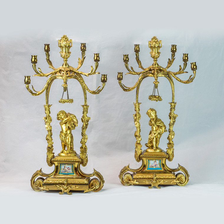 Pair of Unusual 19th Century Six-Light Gilt Bronze Candelabras