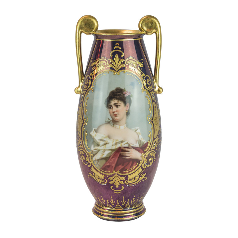 A Fine Vienna Gilt Porcelain Iridescent Purple Glaze Ground Portrait Vase