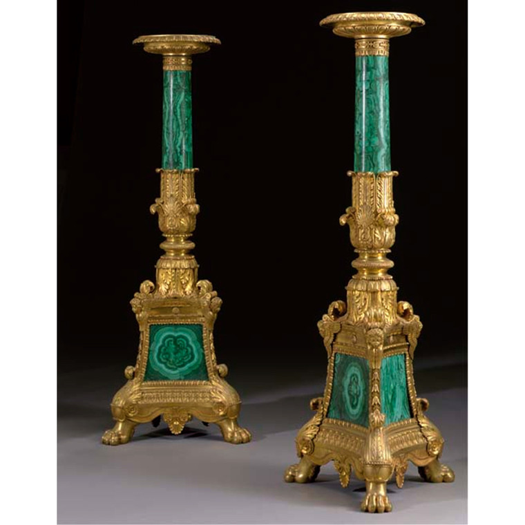 Highly Important Pair of Malachite and Ormolu Torchere by Thomire