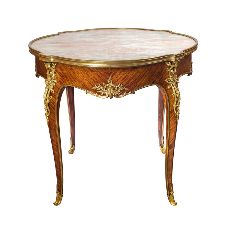 Louis XV-Style Ormolu-Mounted Marble-Top Kingwood Satiné Circular Center Table by Zwiener