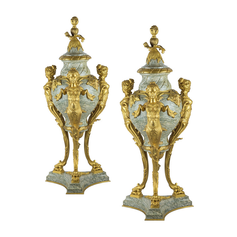 A Monumental Pair of Baluster Form Gilt Bronze-Mounted Cipollino Verde Mandolato Marble Urns