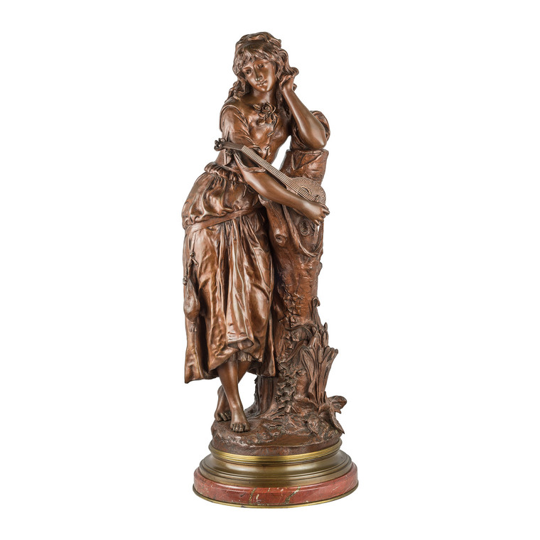 A Patinated Bronze Sculpture of a Maiden with a Lute by Adrien Etienne Gaudez 