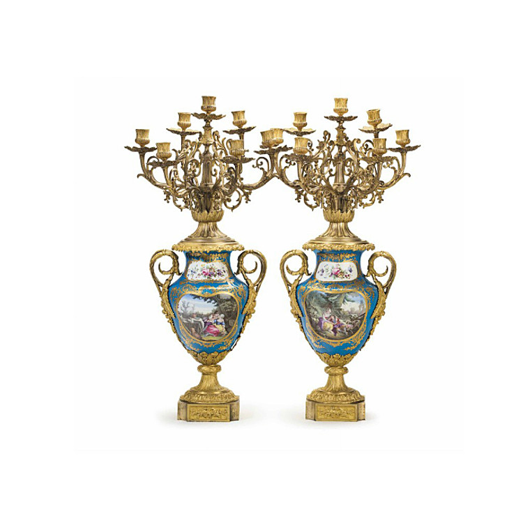 Pair of Sevres-style Turquoise-Ground Seven-Light Candelabras