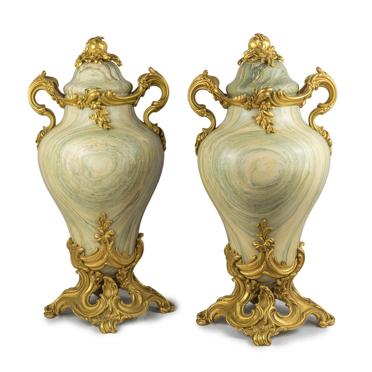 A Pair of Stunning Louis XV Style Gilt Bronze-mounted Cipollino Marble Vases attributed to Henri Dasson