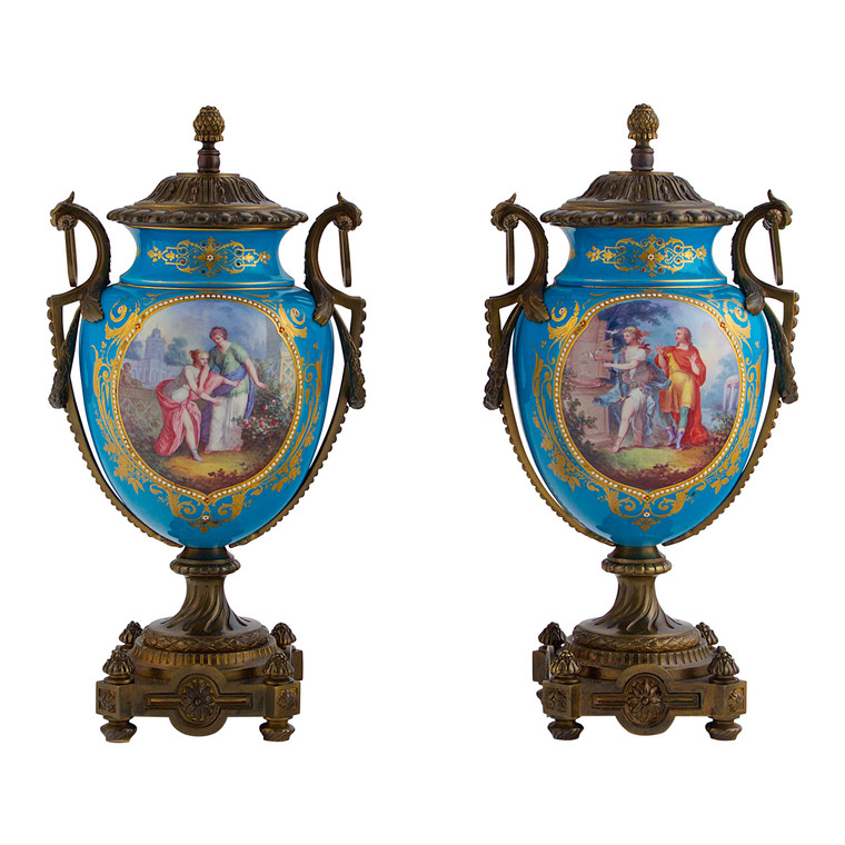A Fine Pair of Sèvres Style Bronze Mounted Jeweled Porcelain Vases and Covers.