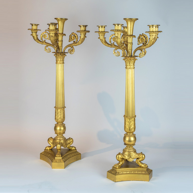 Pair of 19th Century Six-light Gilt Bronze Empire Candelabras