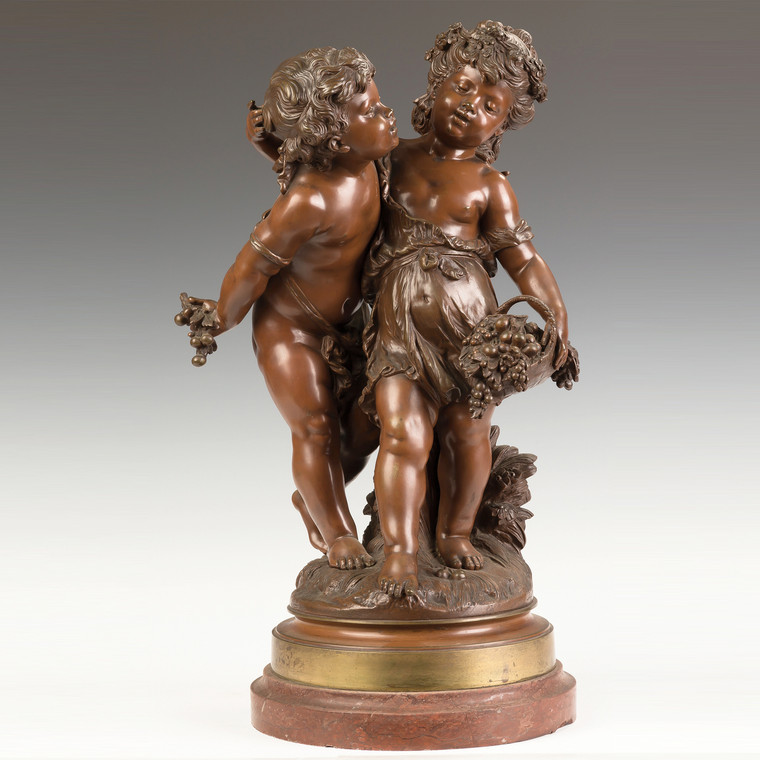 A Fine Quality Patinated Bronze Figures of Children with a Basket of Grapes by Auguste Moreau