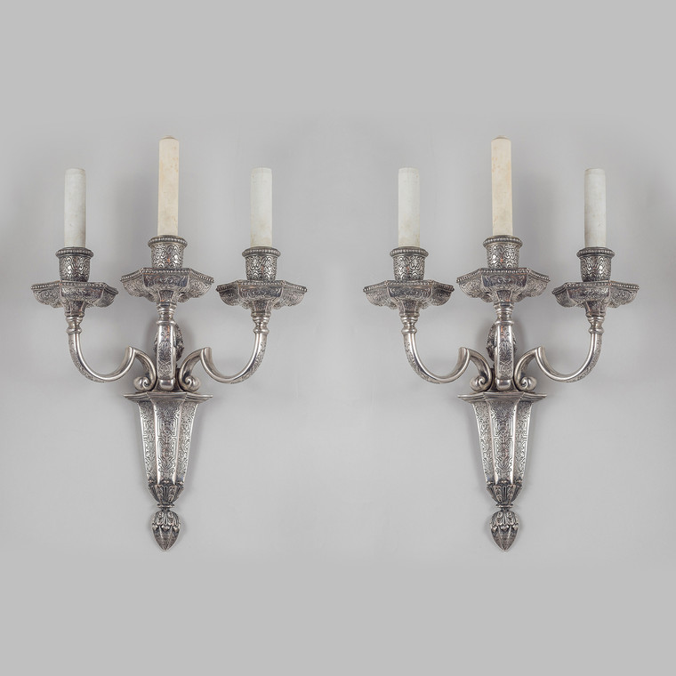 Pair of Silvered Bronze Three-light Caldwell Sconces