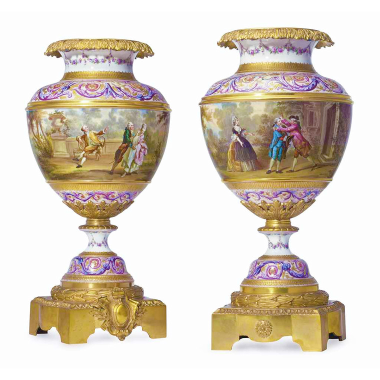 An Exquisite Pair of Ormolu-Mounted Sevres Style Pale-Pink Ground Porcelain Vases