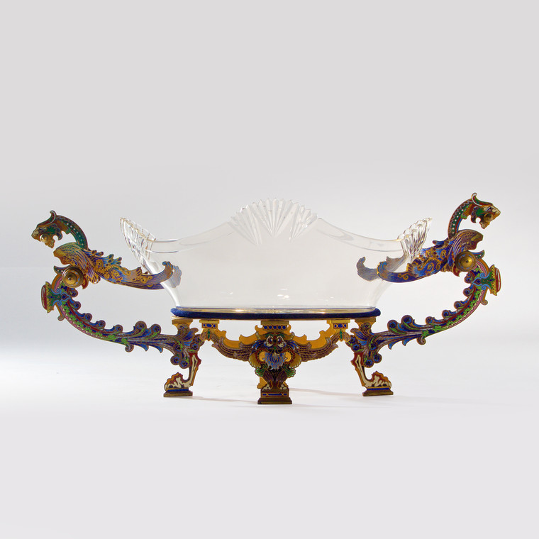 A Rare Glass and Japonesque Centerpiece Supported by Gilt Bronze Dragon Handles 