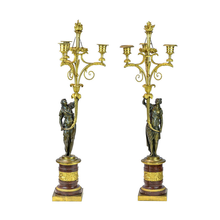 Pair of Directoire Ormolu and Marble Three-light Figural Candelabra