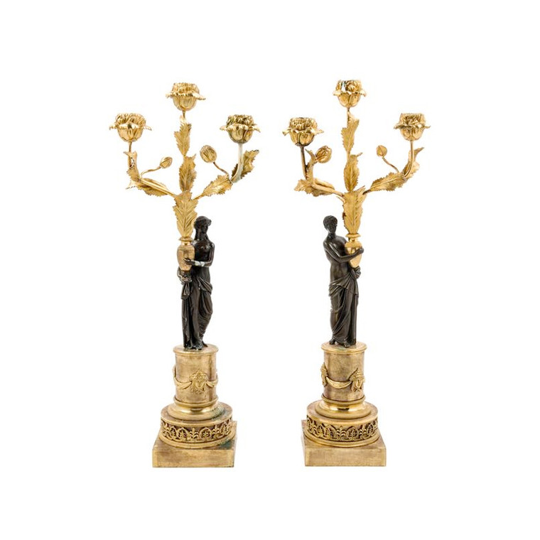 Pair of Gilt and Patinated Bronze Figural Three-Light Candelabra