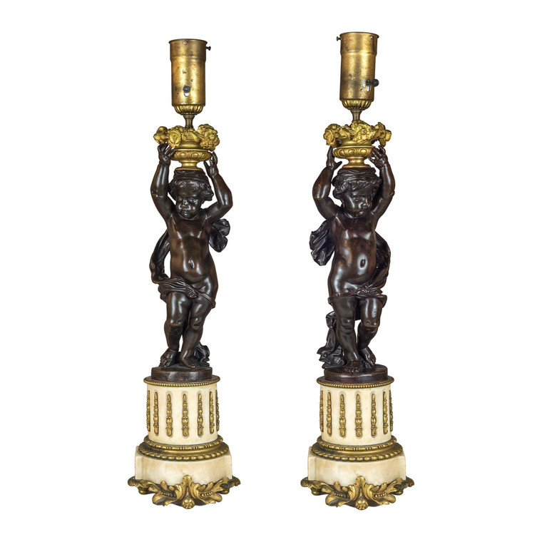 Pair of French Patinated Bronze and Gilt-Metal Figural Lamps