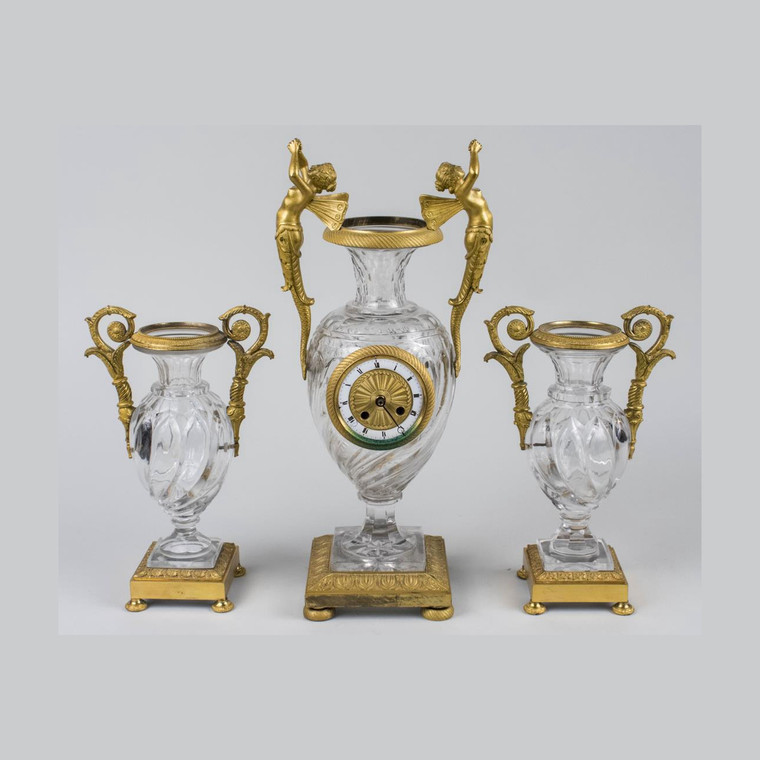 French Gilt-Bronze and Glass Clock Garniture