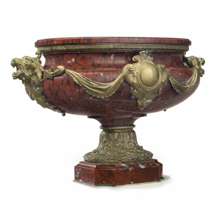 A Fine Quality Gilt Bronze-Mounted Rouge Griotte Marble Jardiniere with Figural Handles