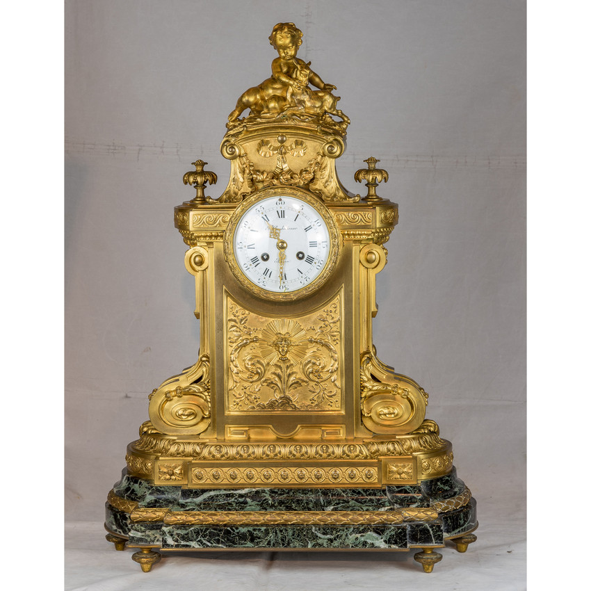 Fine French Bronze Mounted Green Marble and Mantle Clock F