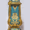 French Champleve gilt bronze and light blue champleve enamel clock set