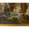 Painting depicting two females crossing a stream through a forest