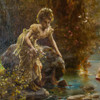 Painting depicting two females crossing a stream through a forest