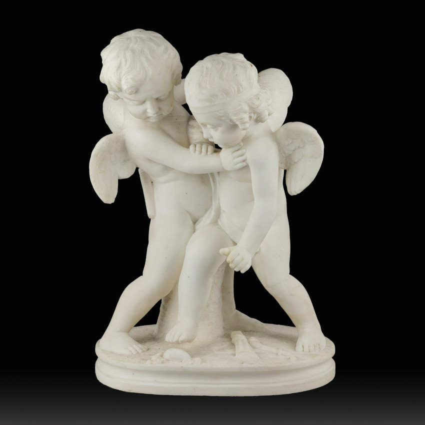 A Fine White Marble Sculpture of Two Cherubs Playing - F&P Associates