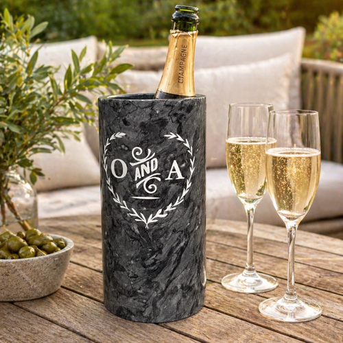 Handcrafted marble wine cooler with engraved initials