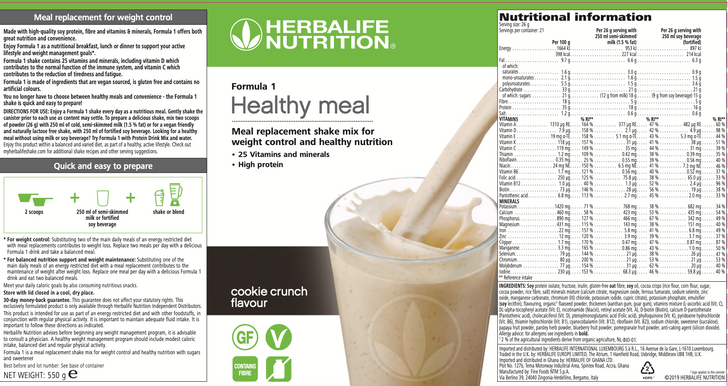 Herbalife - Formula 1 Nutritional Shake Mix - Cookie Crunch (550g) - Label