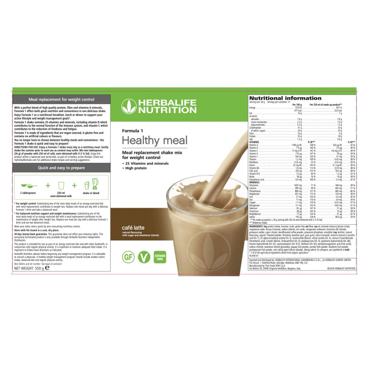 Herbalife Formula 1 Healthy Meal Nutritional Shake Mix (Café Latte) 550g Label. Ingredients.