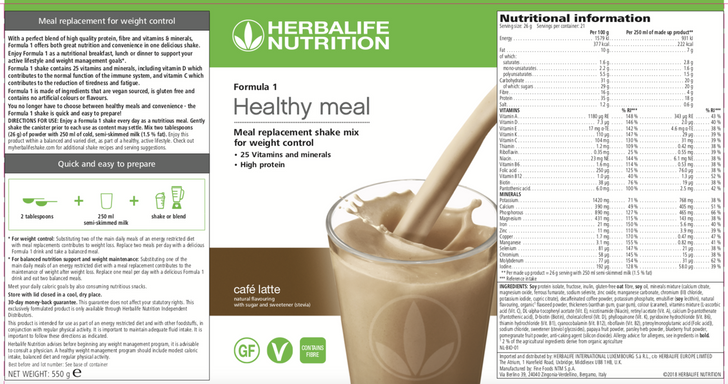 Herbalife - Formula 1 Nutritional Shake Mix - Café Latte (550g) - Label