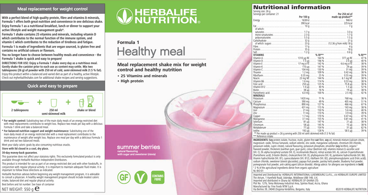 Herbalife - Formula 1 Nutritional Shake Mix - Summer Berries (550g) - Label