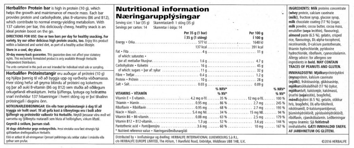 Herbalife Vanilla Almond Protein Bars (Box of 14) label, ingredients.