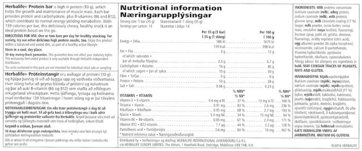 Herbalife Citrus Lemon Protein Bars (Box of 14). Label. Ingredients.