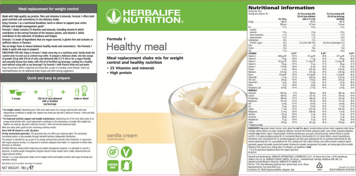Herbalife Formula 1 Nutritional Shake Mix Vanilla Cream (780g). Label. Ingredients.